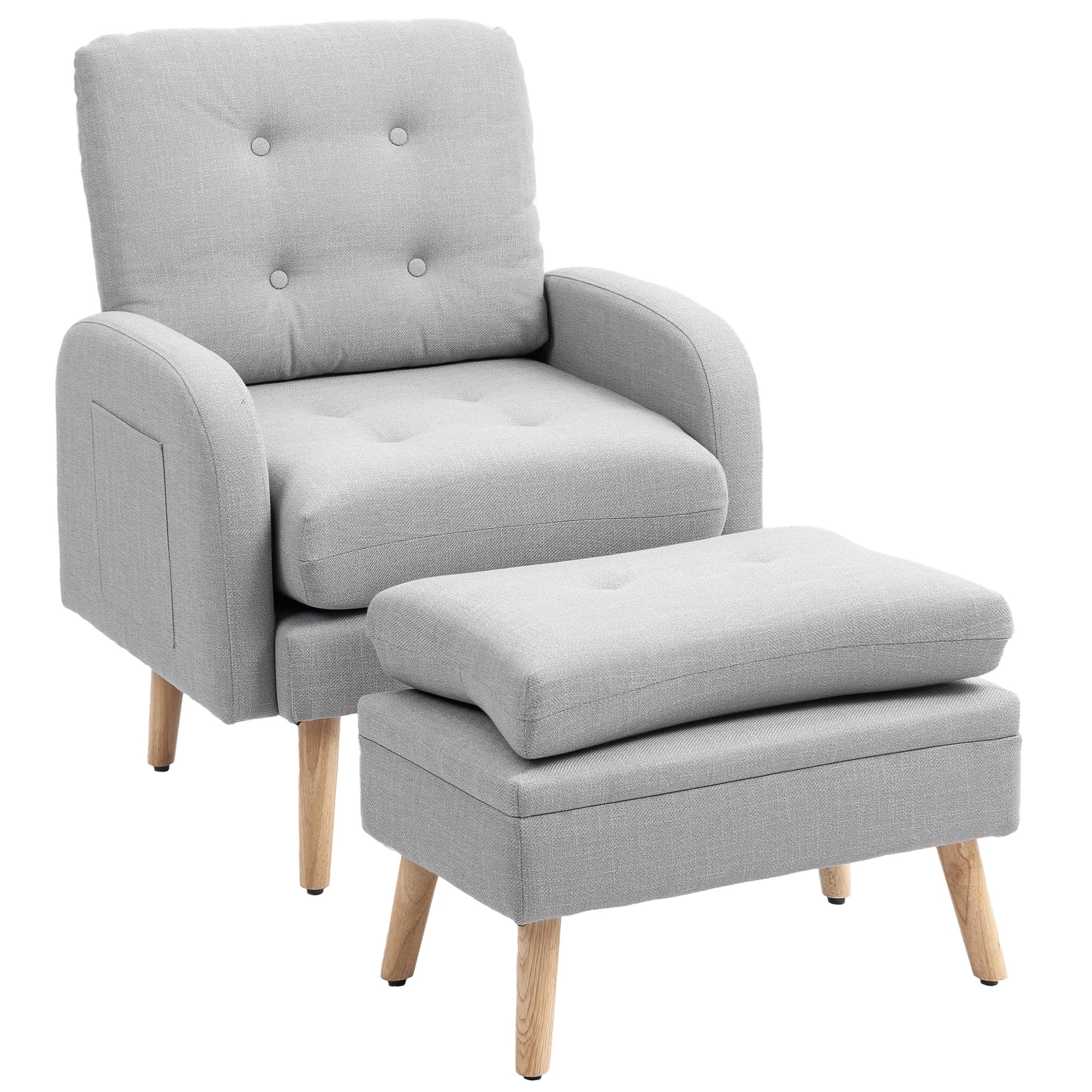 Reclining Armchair with Footrest, TV Chair with Cushions, 2 Storage Pockets, Supports up to 120 kg, Tufted Relaxation Chair for Living Room Bedroom Office, in Light Grey Linen Fabric