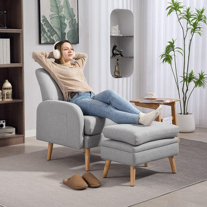 Reclining Armchair with Footrest, TV Chair with Cushions, 2 Storage Pockets, Supports up to 120 kg, Tufted Relaxation Chair for Living Room Bedroom Office, in Light Grey Linen Fabric