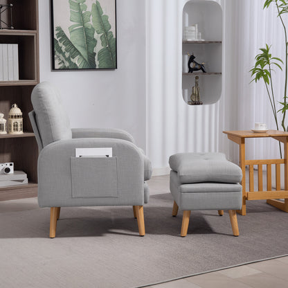 Reclining Armchair with Footrest, TV Chair with Cushions, 2 Storage Pockets, Supports up to 120 kg, Tufted Relaxation Chair for Living Room Bedroom Office, in Light Grey Linen Fabric
