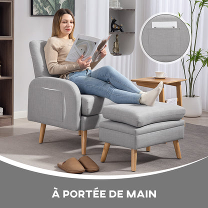 Reclining Armchair with Footrest, TV Chair with Cushions, 2 Storage Pockets, Supports up to 120 kg, Tufted Relaxation Chair for Living Room Bedroom Office, in Light Grey Linen Fabric