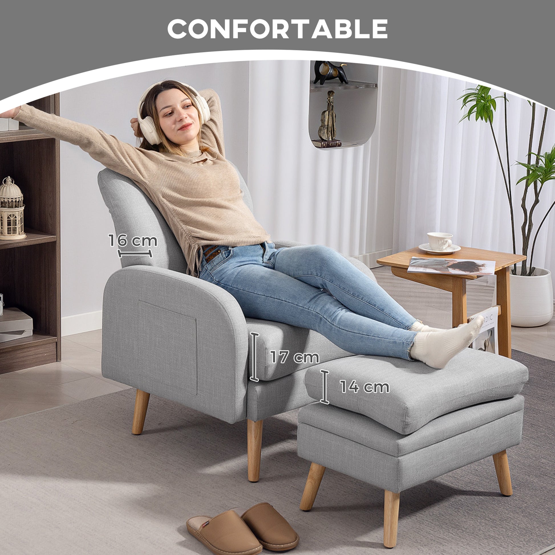 Reclining Armchair with Footrest, TV Chair with Cushions, 2 Storage Pockets, Supports up to 120 kg, Tufted Relaxation Chair for Living Room Bedroom Office, in Light Grey Linen Fabric