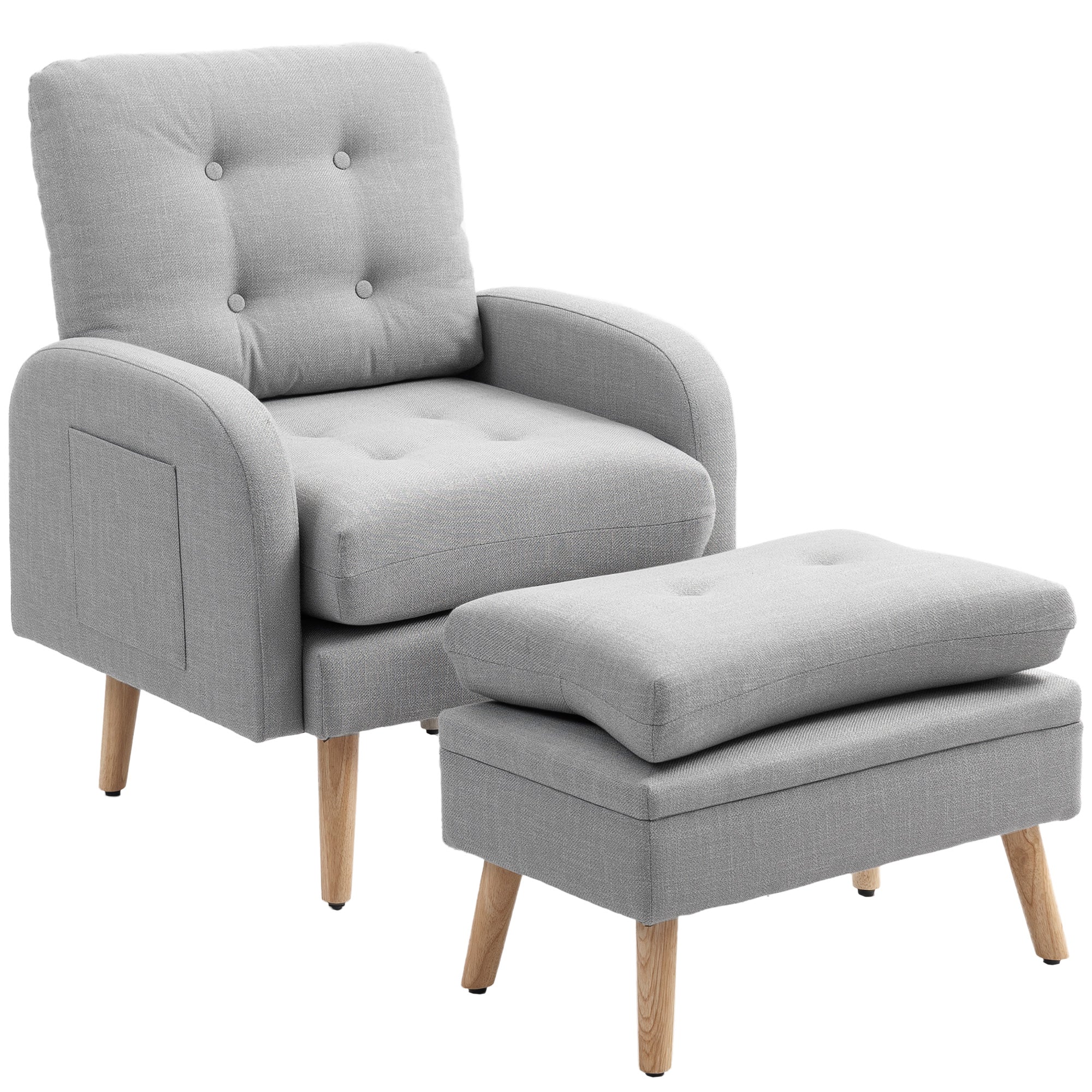 Reclining Armchair with Footrest, TV Chair with Cushions, 2 Storage Pockets, Supports up to 120 kg, Tufted Relaxation Chair for Living Room Bedroom Office, in Light Grey Linen Fabric
