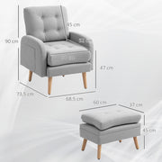 Reclining Armchair with Footrest, TV Chair with Cushions, 2 Storage Pockets, Supports up to 120 kg, Tufted Relaxation Chair for Living Room Bedroom Office, in Light Grey Linen Fabric