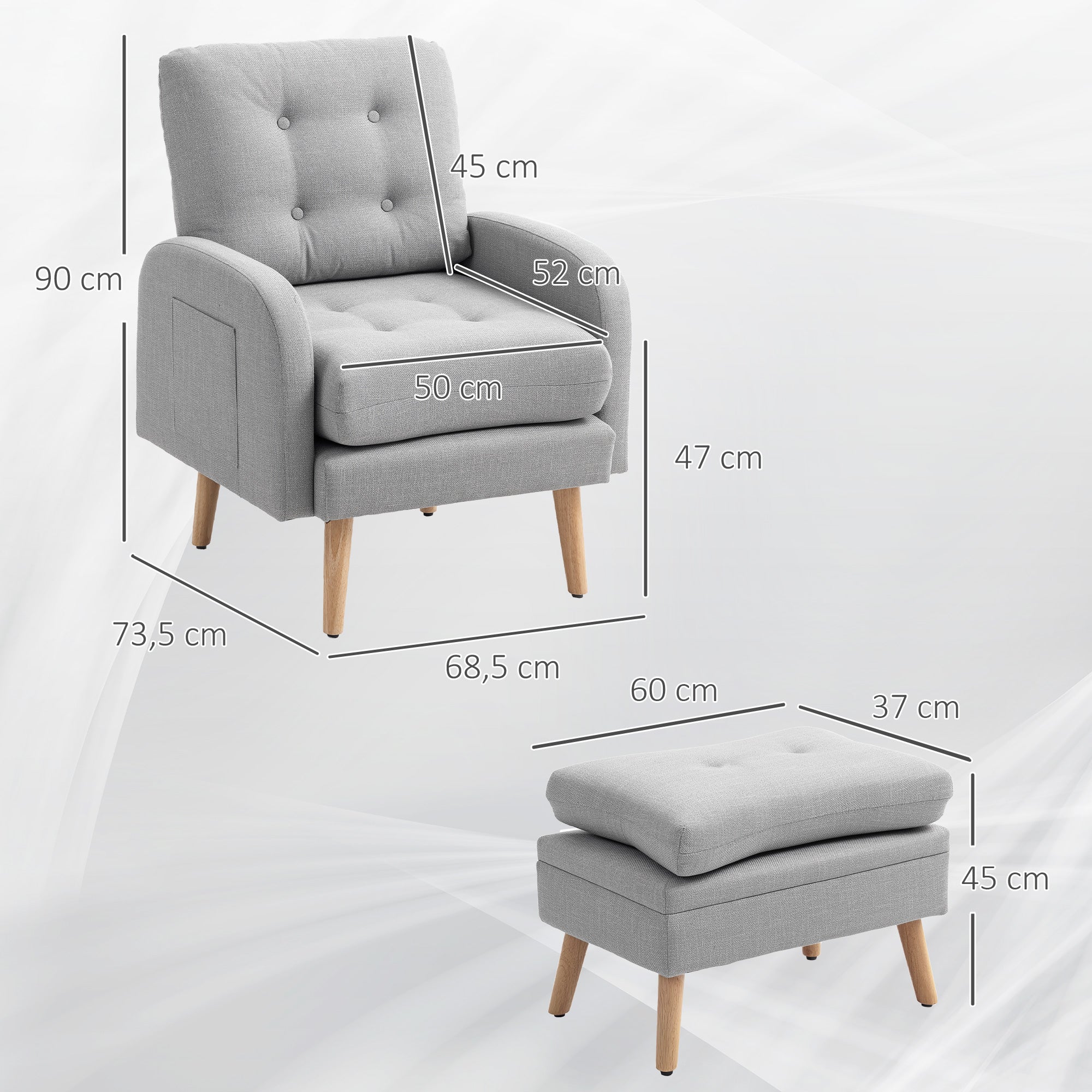Reclining Armchair with Footrest, TV Chair with Cushions, 2 Storage Pockets, Supports up to 120 kg, Tufted Relaxation Chair for Living Room Bedroom Office, in Light Grey Linen Fabric