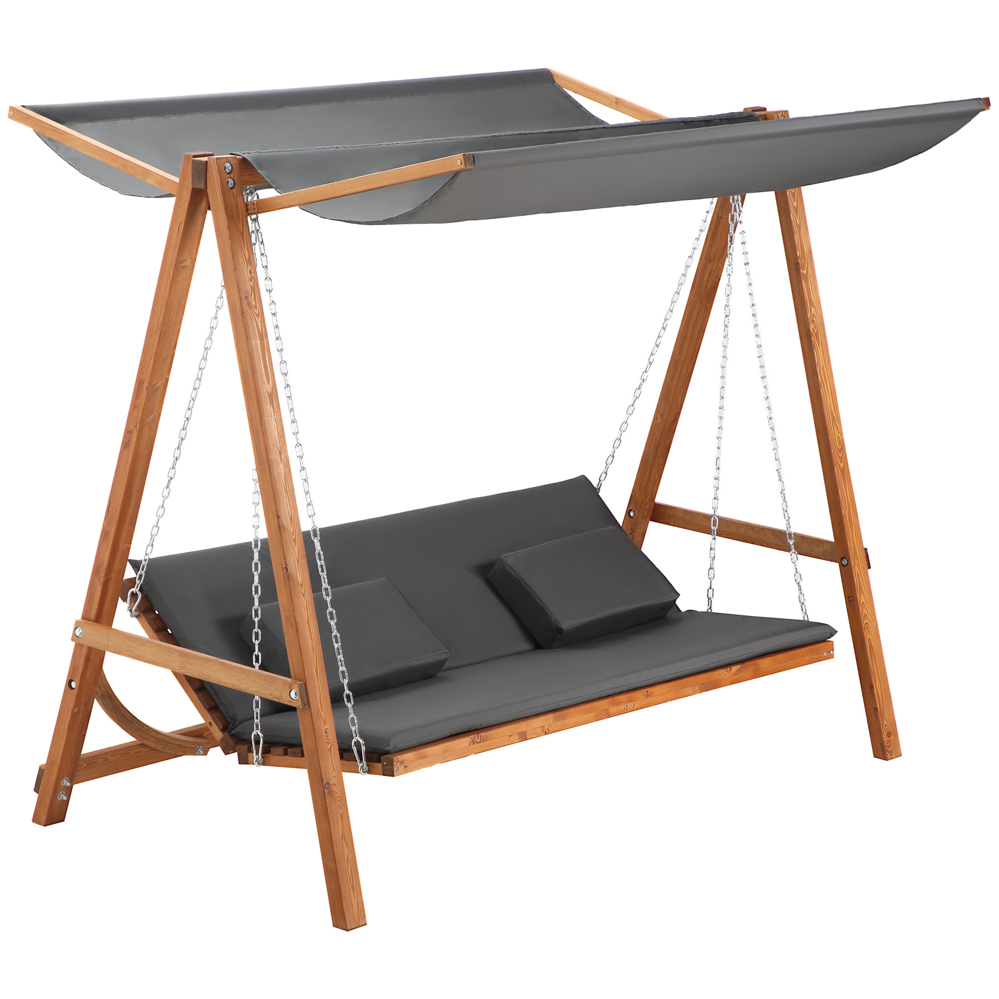 Hollywood Swing with Bed Function 3-Seater Garden Swing Larch Wood Swing with Adjustable Sunshade Swing Bench Load 250kg Garden Lounger for Patio, 225.5 x 113 x 180 cm Gray+Teak