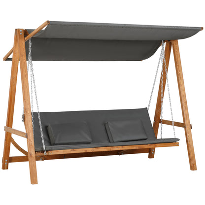 Hollywood Swing with Bed Function 3-Seater Garden Swing Larch Wood Swing with Adjustable Sunshade Swing Bench Load 250kg Garden Lounger for Patio, 225.5 x 113 x 180 cm Gray+Teak