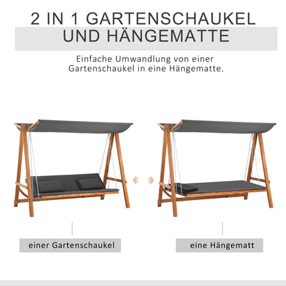 Hollywood Swing with Bed Function 3-Seater Garden Swing Larch Wood Swing with Adjustable Sunshade Swing Bench Load 250kg Garden Lounger for Patio, 225.5 x 113 x 180 cm Gray+Teak