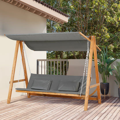 Hollywood Swing with Bed Function 3-Seater Garden Swing Larch Wood Swing with Adjustable Sunshade Swing Bench Load 250kg Garden Lounger for Patio, 225.5 x 113 x 180 cm Gray+Teak