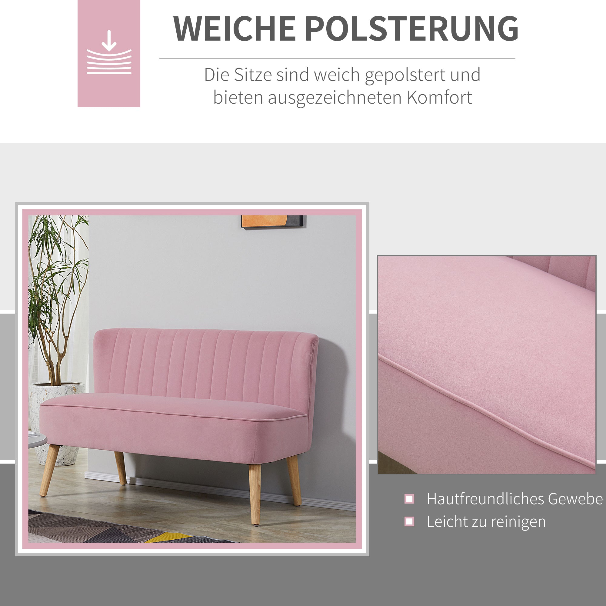 2-Seater Fabric Sofa Upholstered Double Sofa Seat Furniture Lounge Sofa Wood Velvet-like Polyester Foam Pink 117 x 56.5 x 77 cm