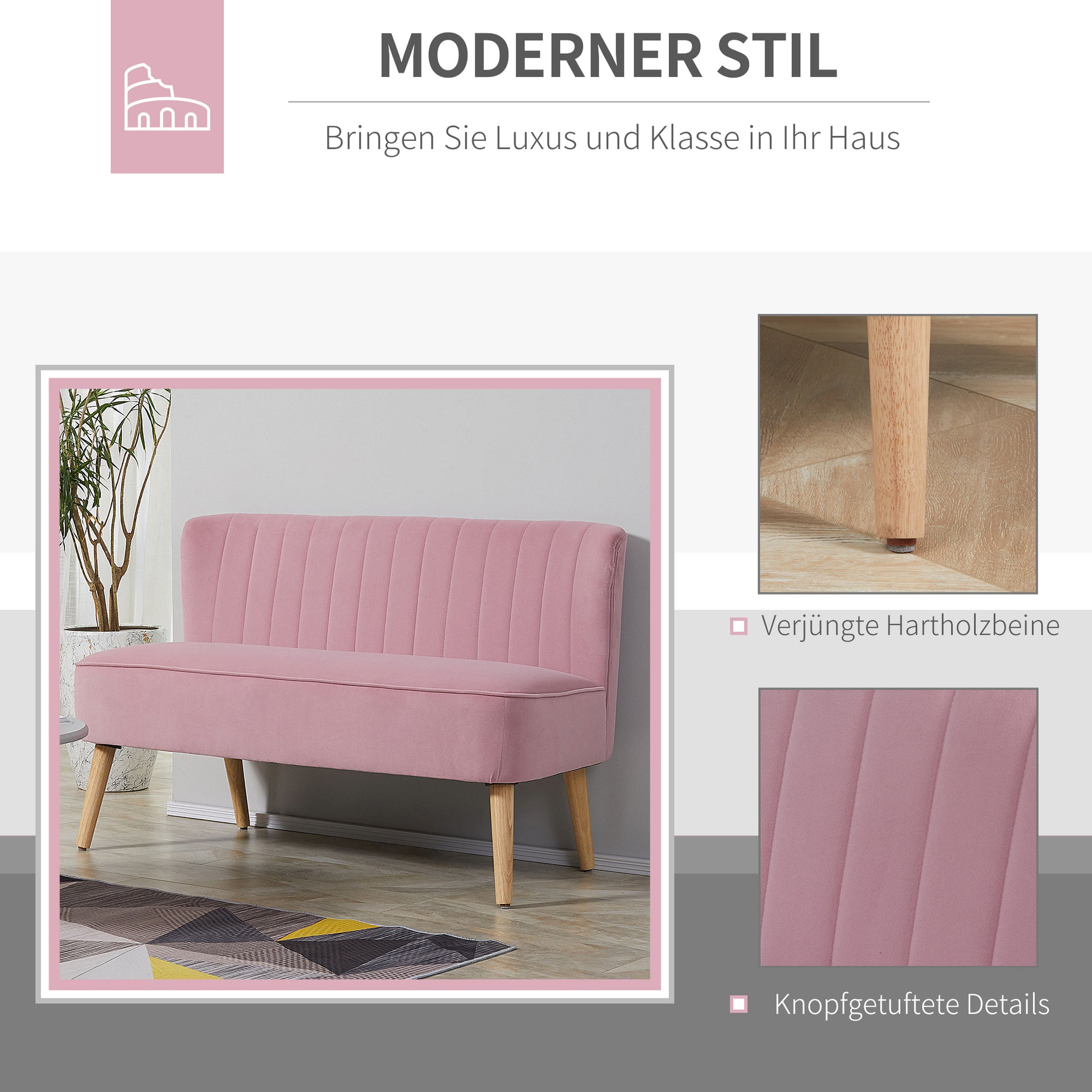 2-Seater Fabric Sofa Upholstered Double Sofa Seat Furniture Lounge Sofa Wood Velvet-like Polyester Foam Pink 117 x 56.5 x 77 cm