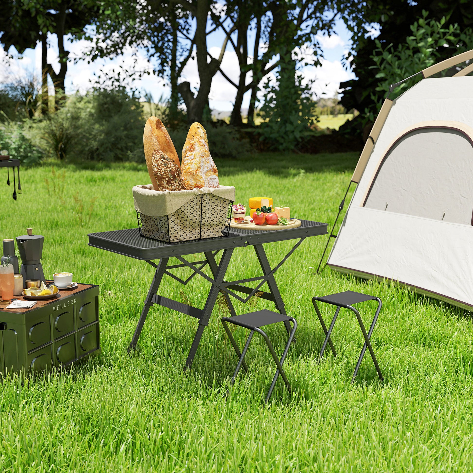 Height Adjustable Camping Table Folding Table with Metal Grid Portable Garden Table made of Aluminum Lightweight Multifunctional Table Side Table for Garden Balcony Camping 90 x 40.5cm Black