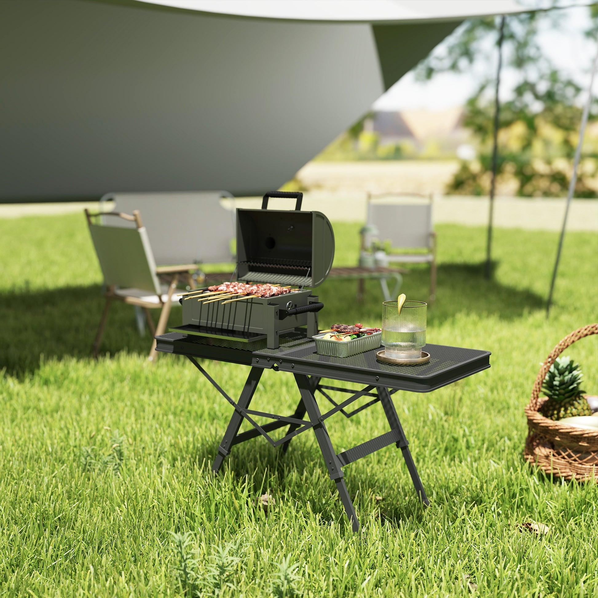 Height Adjustable Camping Table Folding Table with Metal Grid Portable Garden Table made of Aluminum Lightweight Multifunctional Table Side Table for Garden Balcony Camping 90 x 40.5cm Black