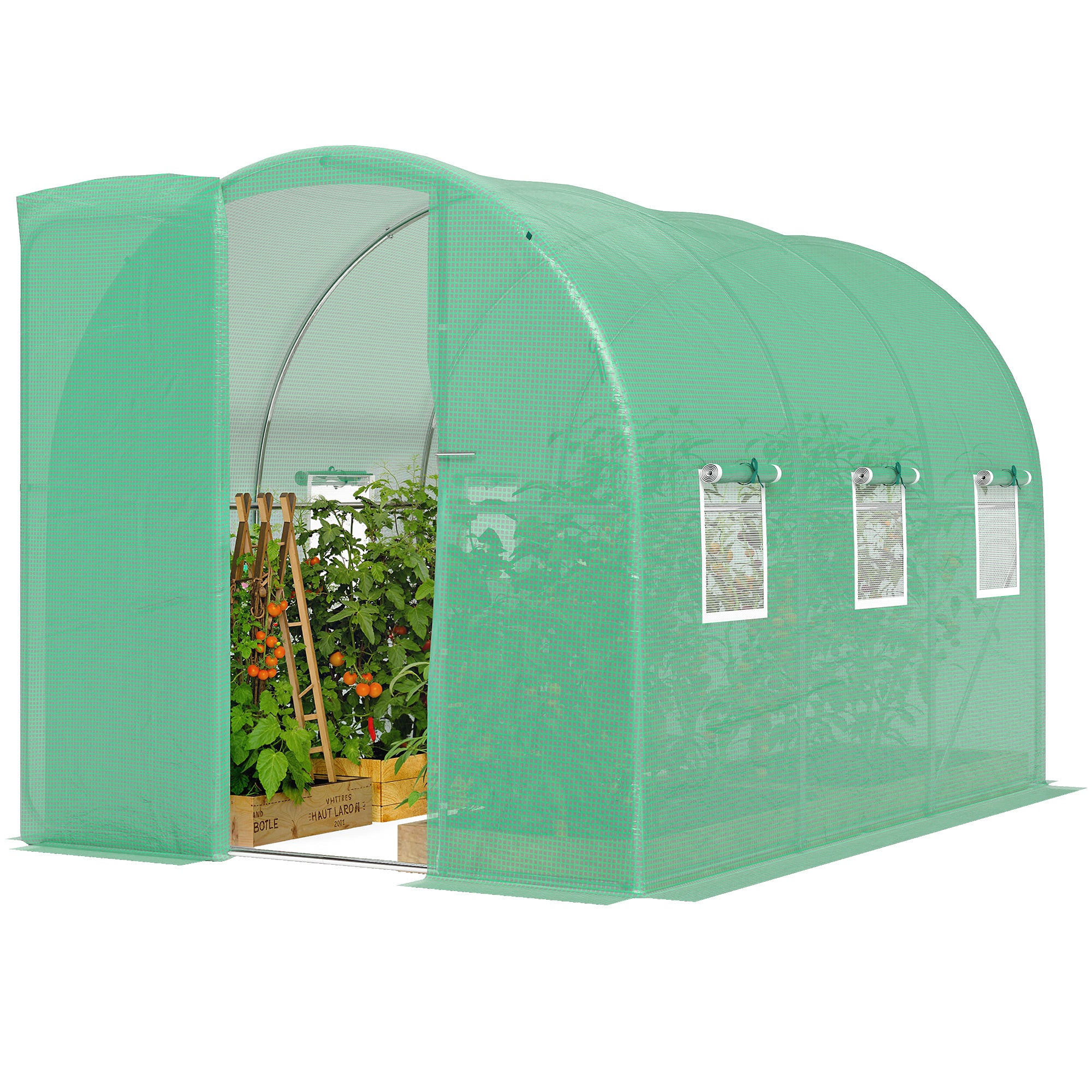 2 x 3 m (200 x 300 x 200 cm) Tunnel Garden Greenhouse — Galvanized Steel Frame, Hinged Door & 8 Roll-Up Mesh Windows, 140 gsm PE Cover, Green