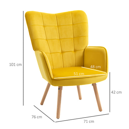 Armchair Wingback Chair with Armrest, Wooden Frame Upholstered Lounge Chair with Velvet Look, Recliner for Living Room, Bedroom, Yellow