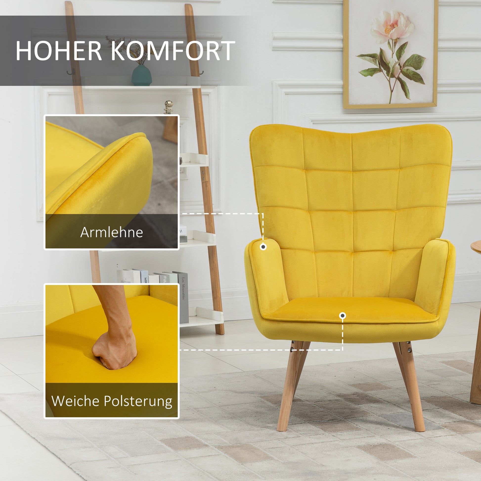 Armchair Wingback Chair with Armrest, Wooden Frame Upholstered Lounge Chair with Velvet Look, Recliner for Living Room, Bedroom, Yellow