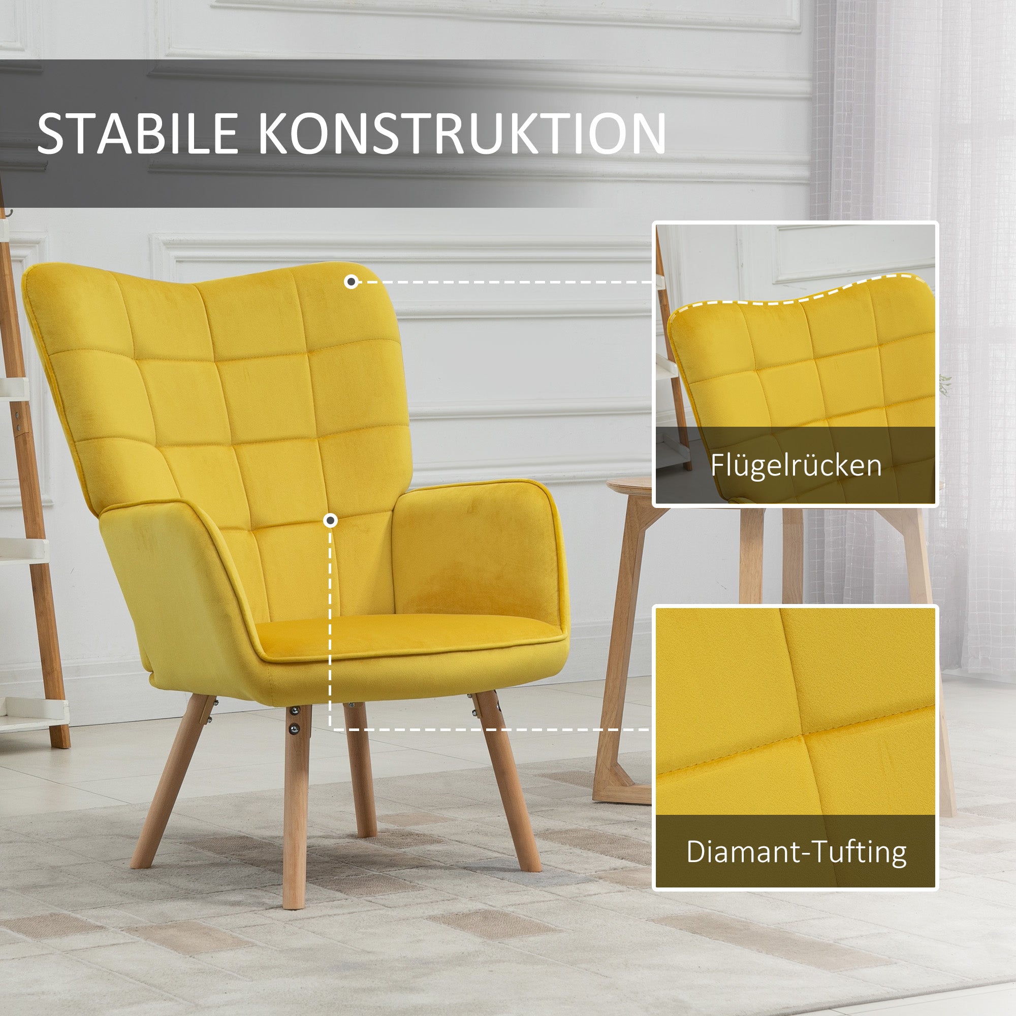 Armchair Wingback Chair with Armrest, Wooden Frame Upholstered Lounge Chair with Velvet Look, Recliner for Living Room, Bedroom, Yellow
