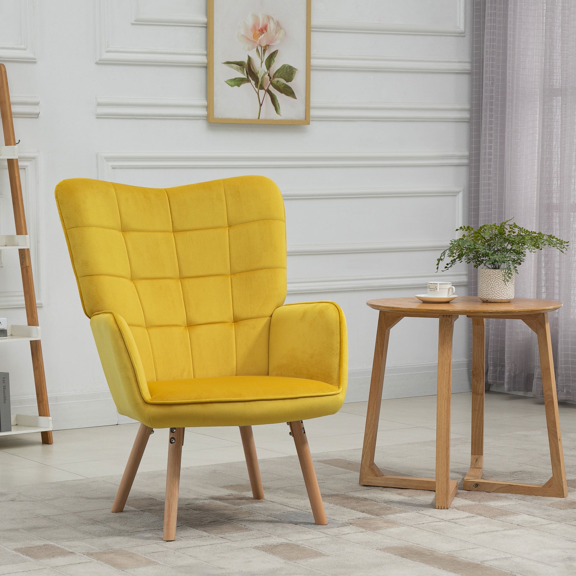 Armchair Wingback Chair with Armrest, Wooden Frame Upholstered Lounge Chair with Velvet Look, Recliner for Living Room, Bedroom, Yellow