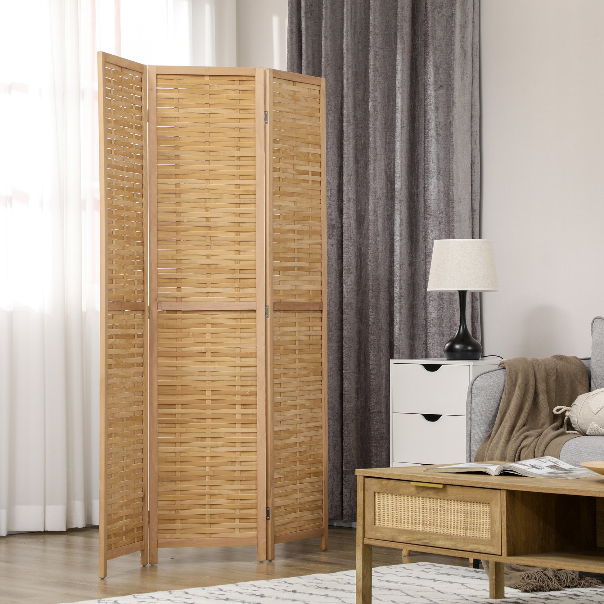 3-panel Paravent, 120 x 170 cm Room Divider, Bamboo Partition, Foldable Privacy Screen, Room Separator Partition for Living Room, Bedroom, Natural