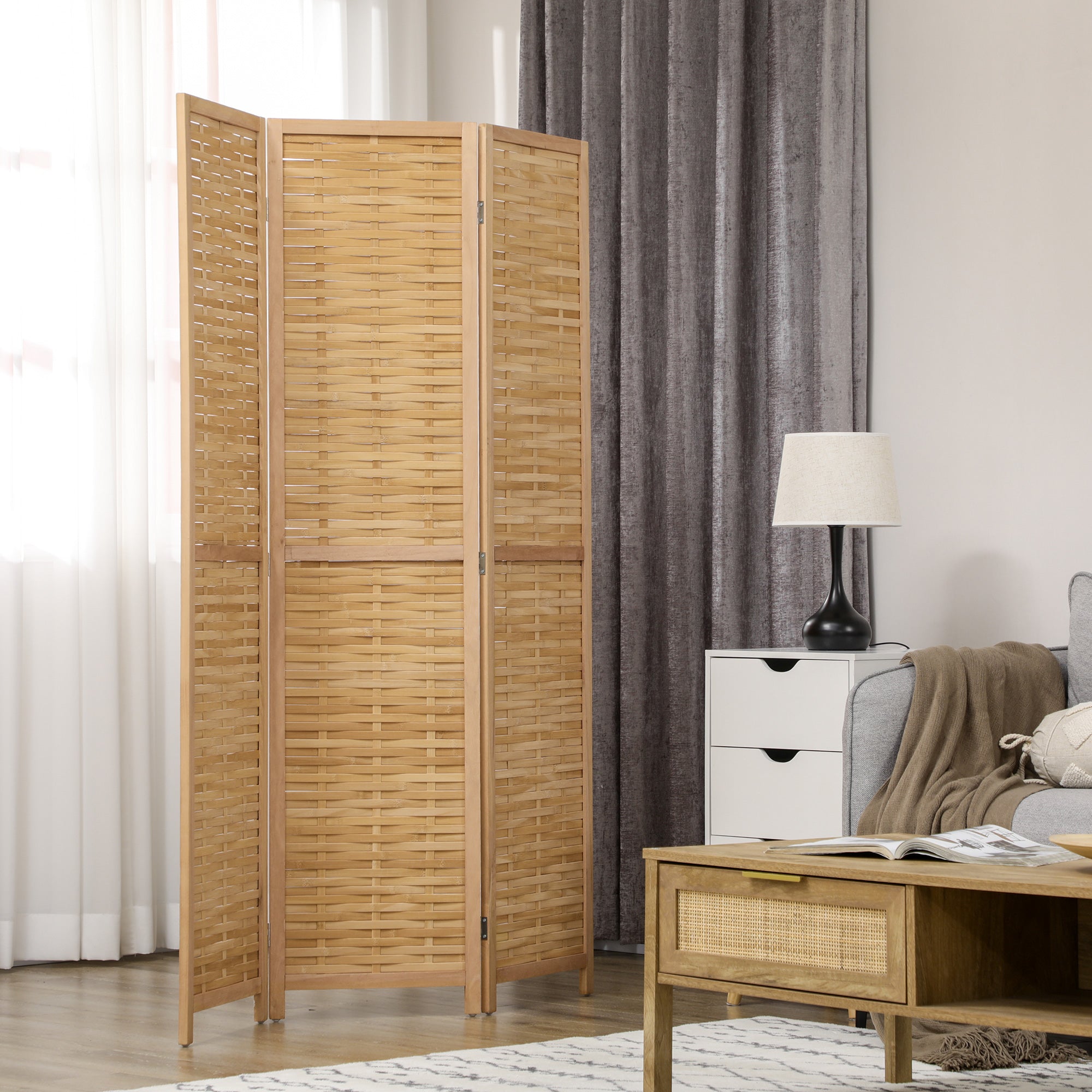 3-panel Paravent, 120 x 170 cm Room Divider, Bamboo Partition, Foldable Privacy Screen, Room Separator Partition for Living Room, Bedroom, Natural