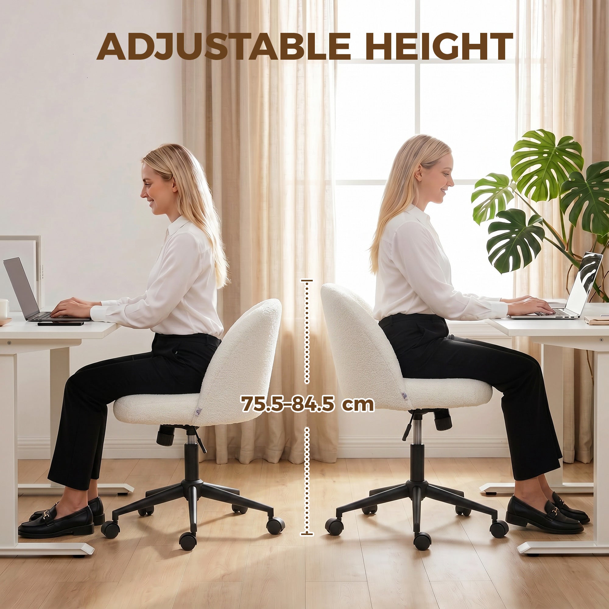 Adjustable Office Chair with Teddy Fleece, Swivel Casters, Tilt Function, Up to 265 lb, Vanity/Bedroom Desk Chair – Cream