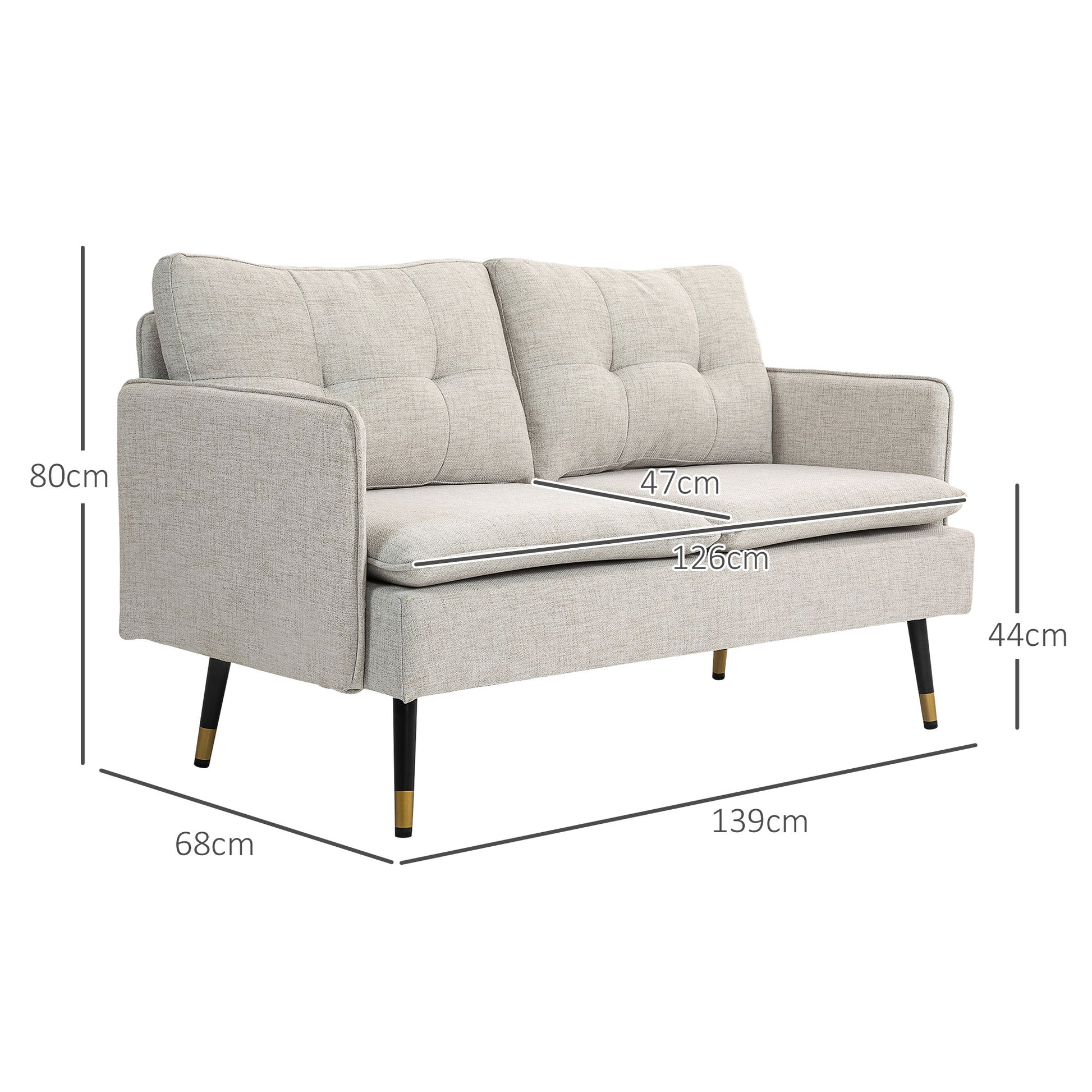 2-Seater Linen-Effect Fabric Sofa with Armrests and Padded Cushions, Modern 2-Seater Sofa with Steel Legs, for Office, Living Room, Lounge and Bedroom, 139x68x80 cm, Cream
