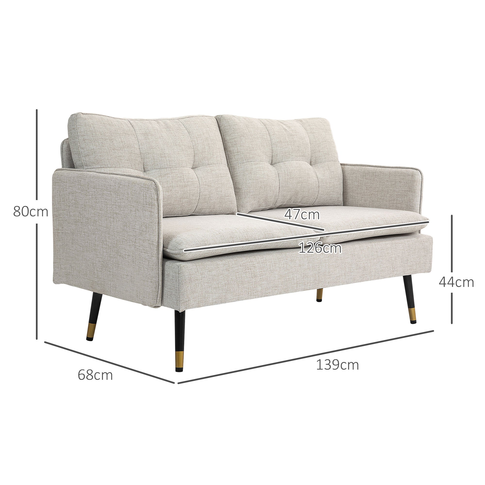2-Seater Linen-Effect Fabric Sofa with Armrests and Padded Cushions, Modern 2-Seater Sofa with Steel Legs, for Office, Living Room, Lounge and Bedroom, 139x68x80 cm, Cream