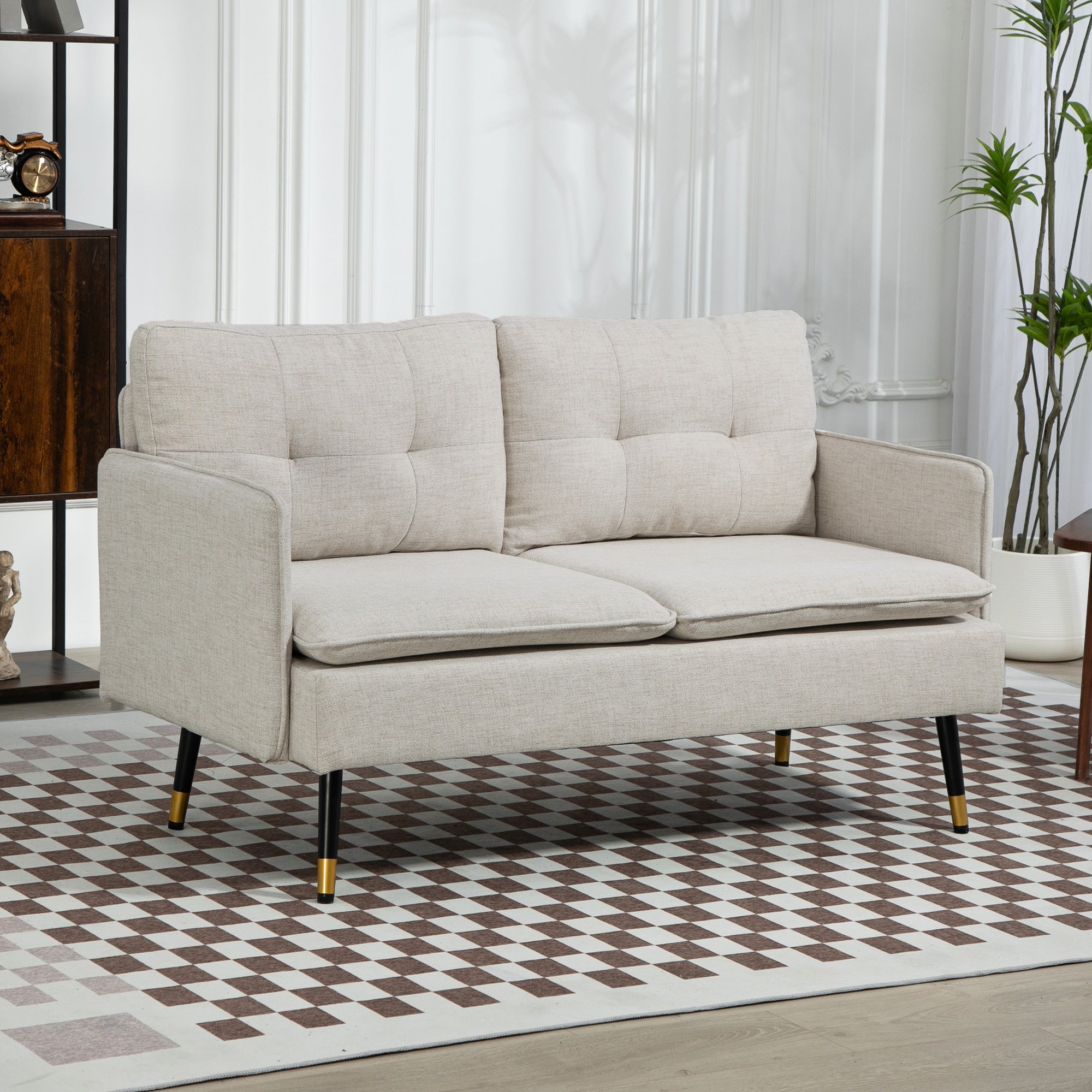 2-Seater Linen-Effect Fabric Sofa with Armrests and Padded Cushions, Modern 2-Seater Sofa with Steel Legs, for Office, Living Room, Lounge and Bedroom, 139x68x80 cm, Cream