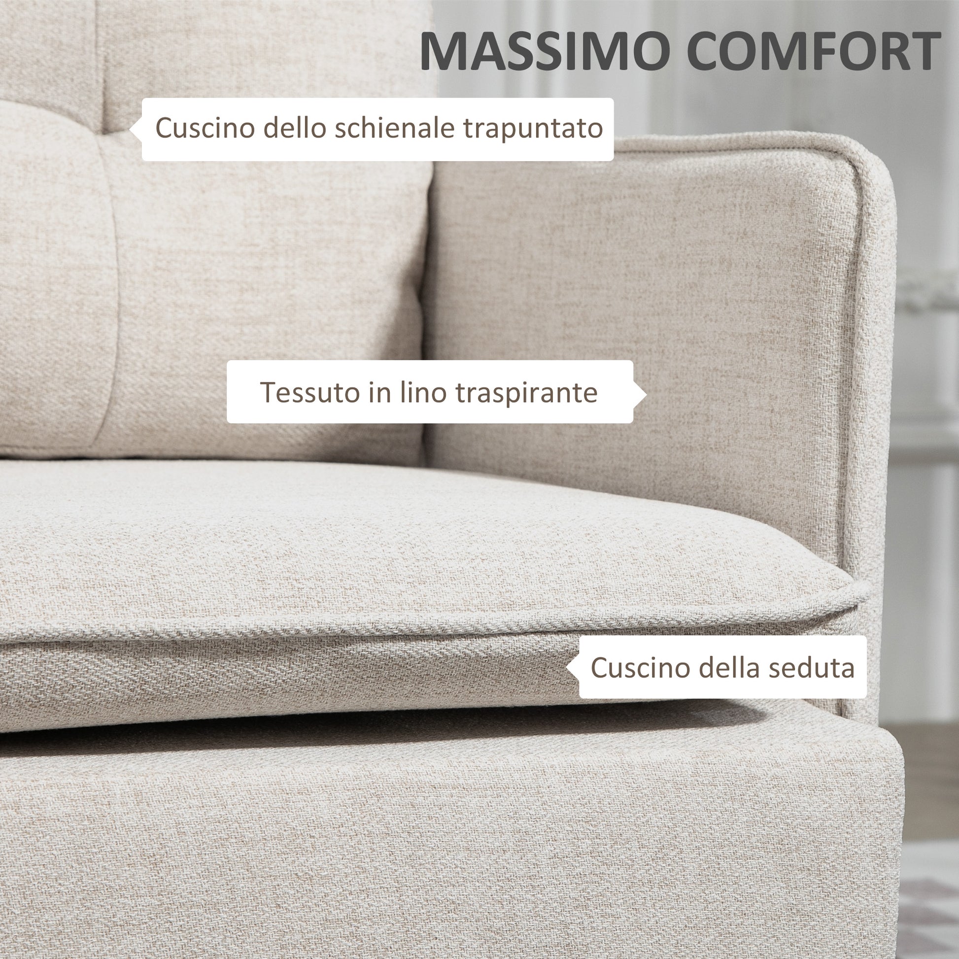 2-Seater Linen-Effect Fabric Sofa with Armrests and Padded Cushions, Modern 2-Seater Sofa with Steel Legs, for Office, Living Room, Lounge and Bedroom, 139x68x80 cm, Cream