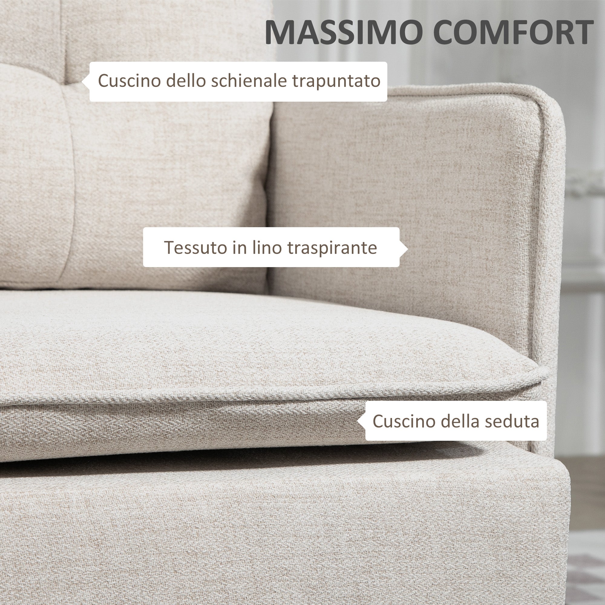 2-Seater Linen-Effect Fabric Sofa with Armrests and Padded Cushions, Modern 2-Seater Sofa with Steel Legs, for Office, Living Room, Lounge and Bedroom, 139x68x80 cm, Cream