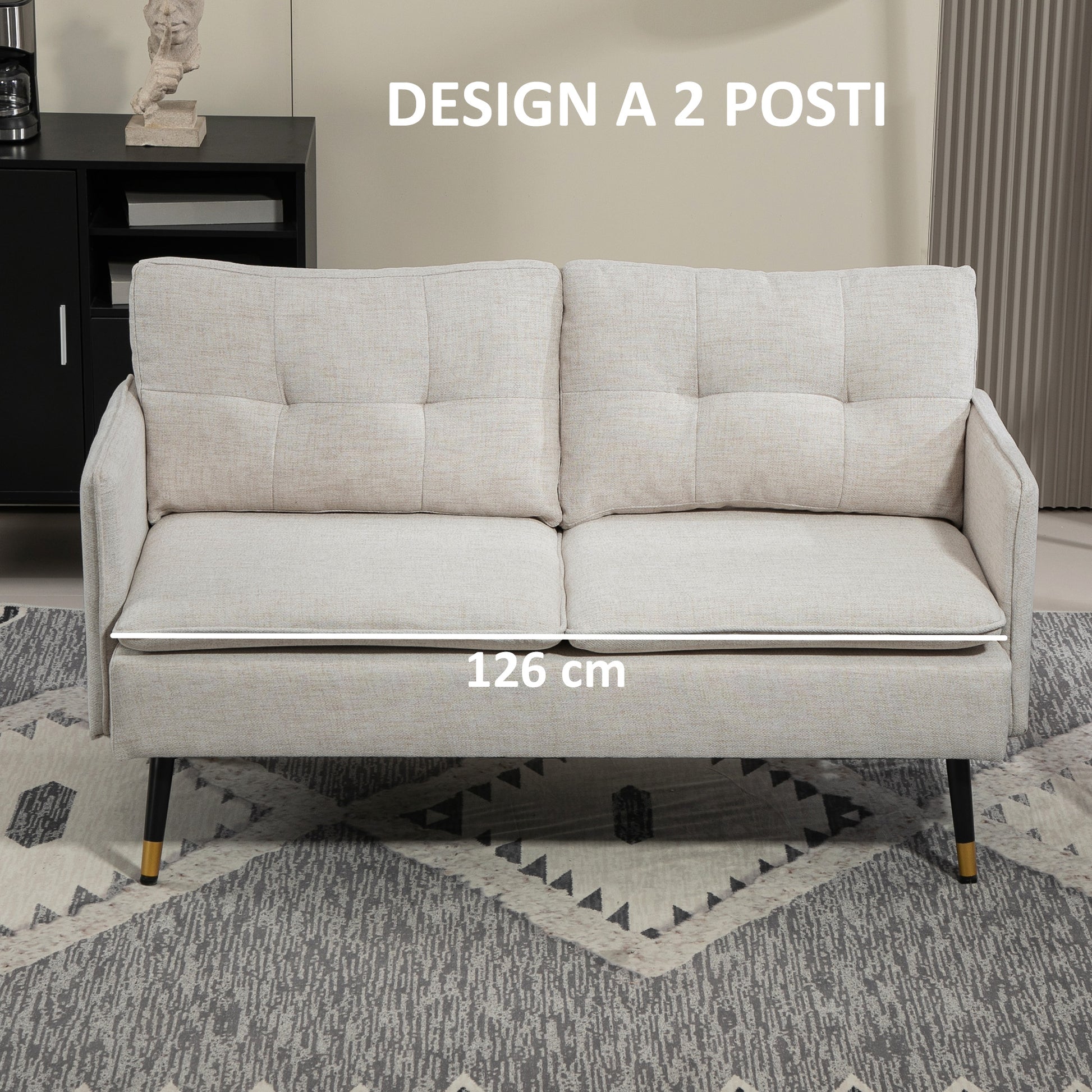 2-Seater Linen-Effect Fabric Sofa with Armrests and Padded Cushions, Modern 2-Seater Sofa with Steel Legs, for Office, Living Room, Lounge and Bedroom, 139x68x80 cm, Cream