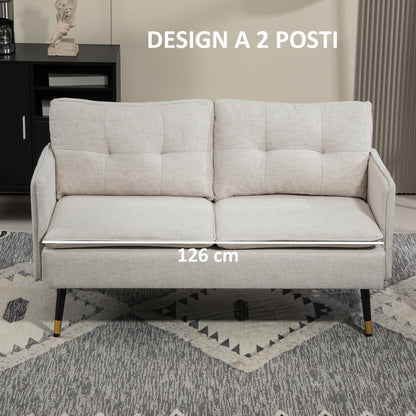 2-Seater Linen-Effect Fabric Sofa with Armrests and Padded Cushions, Modern 2-Seater Sofa with Steel Legs, for Office, Living Room, Lounge and Bedroom, 139x68x80 cm, Cream