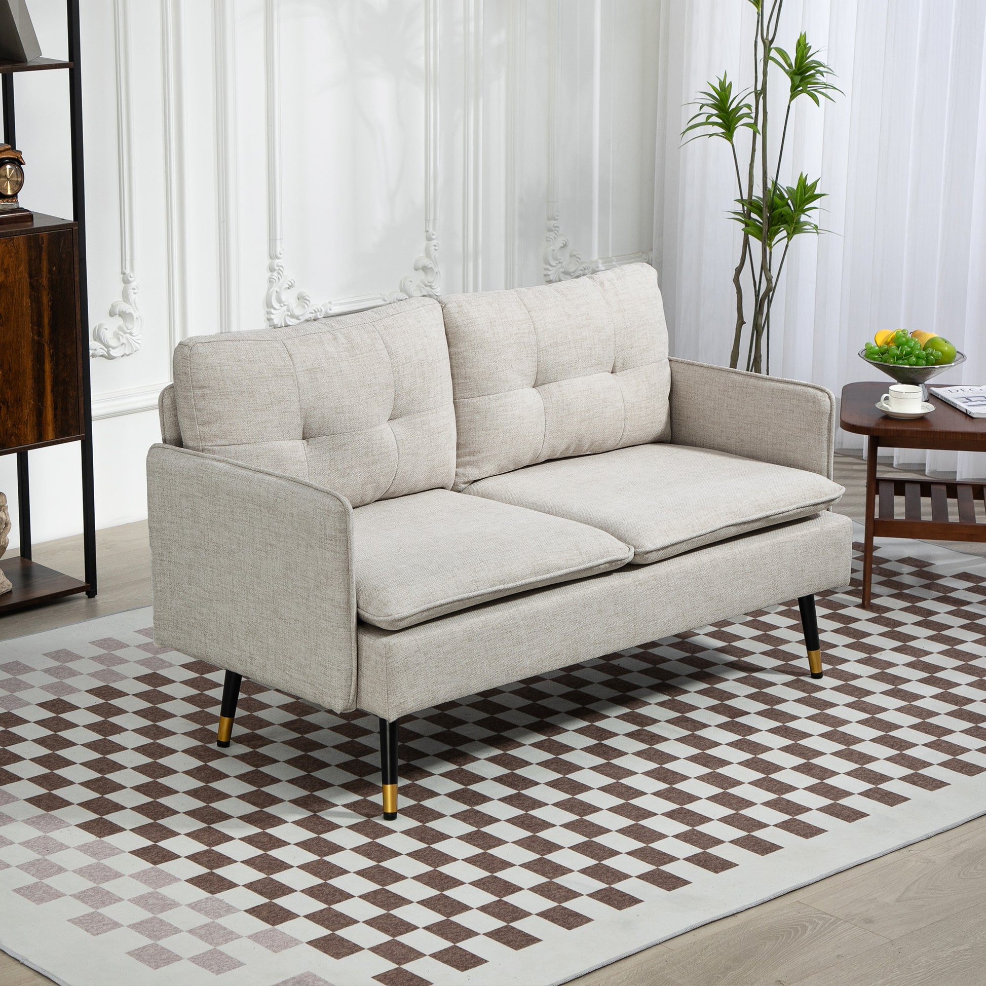 2-Seater Linen-Effect Fabric Sofa with Armrests and Padded Cushions, Modern 2-Seater Sofa with Steel Legs, for Office, Living Room, Lounge and Bedroom, 139x68x80 cm, Cream