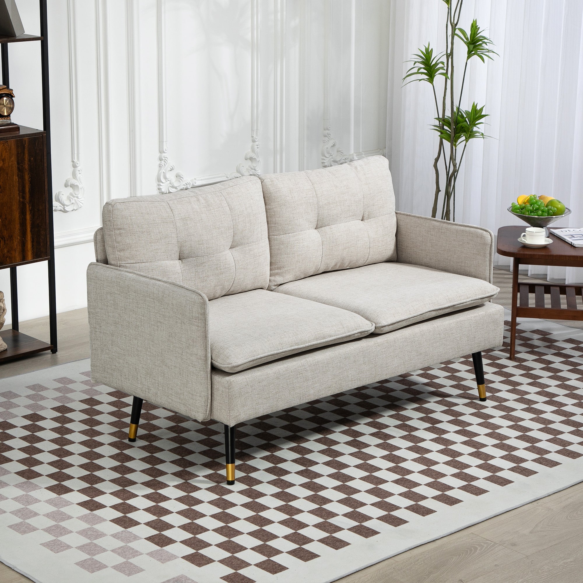 2-Seater Linen-Effect Fabric Sofa with Armrests and Padded Cushions, Modern 2-Seater Sofa with Steel Legs, for Office, Living Room, Lounge and Bedroom, 139x68x80 cm, Cream