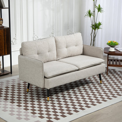 2-Seater Linen-Effect Fabric Sofa with Armrests and Padded Cushions, Modern 2-Seater Sofa with Steel Legs, for Office, Living Room, Lounge and Bedroom, 139x68x80 cm, Cream