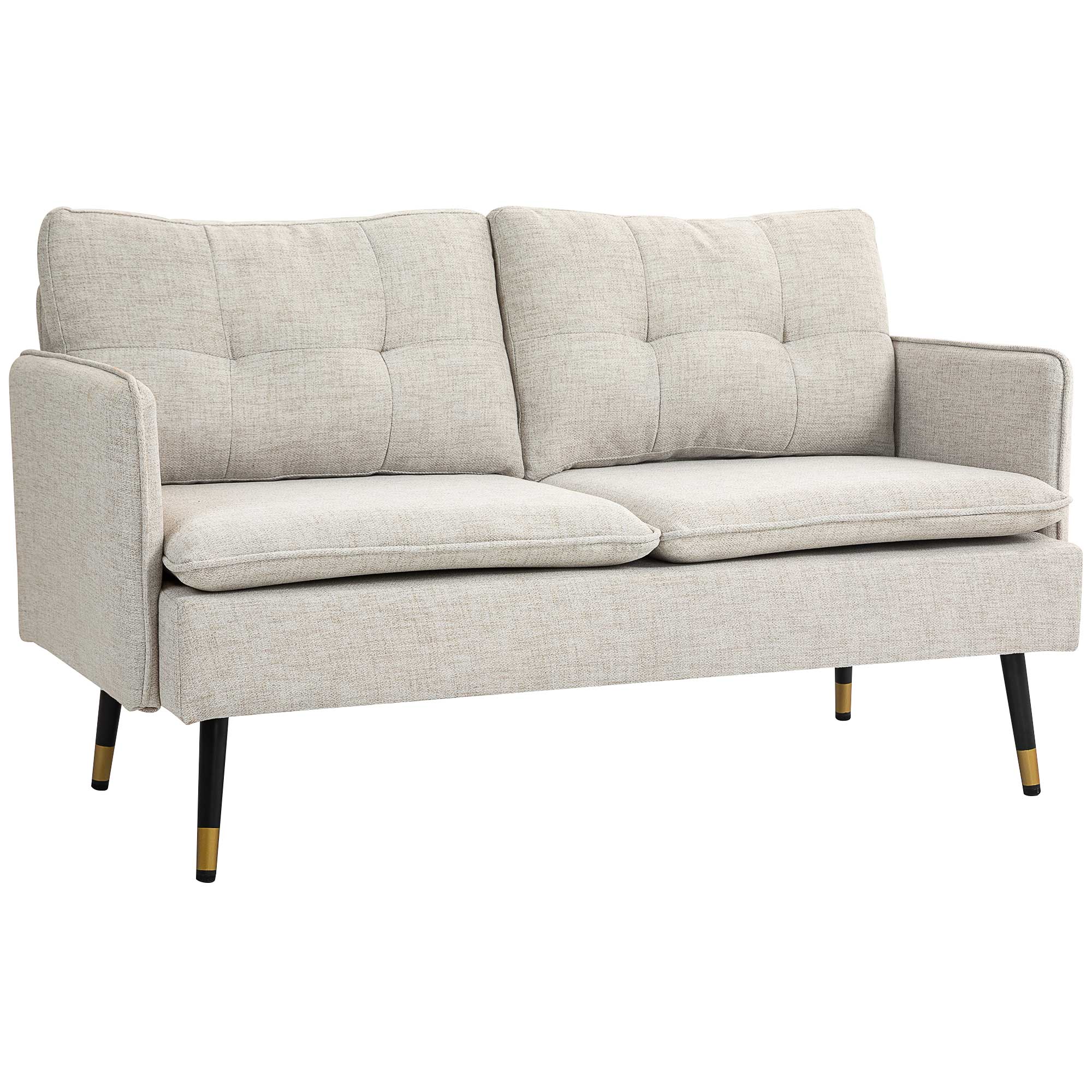 2-Seater Linen-Effect Fabric Sofa with Armrests and Padded Cushions, Modern 2-Seater Sofa with Steel Legs, for Office, Living Room, Lounge and Bedroom, 139x68x80 cm, Cream