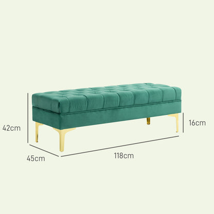 Classic Chic Style Button-Tufted Upholstered End-of-Bed Bench with Golden Metal Legs Velvet Green - 118L x 45W x 42H cm