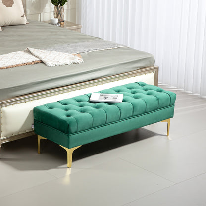 Classic Chic Style Button-Tufted Upholstered End-of-Bed Bench with Golden Metal Legs Velvet Green - 118L x 45W x 42H cm