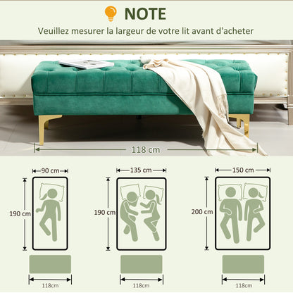 Classic Chic Style Button-Tufted Upholstered End-of-Bed Bench with Golden Metal Legs Velvet Green - 118L x 45W x 42H cm