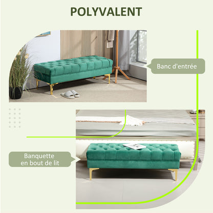 Classic Chic Style Button-Tufted Upholstered End-of-Bed Bench with Golden Metal Legs Velvet Green - 118L x 45W x 42H cm