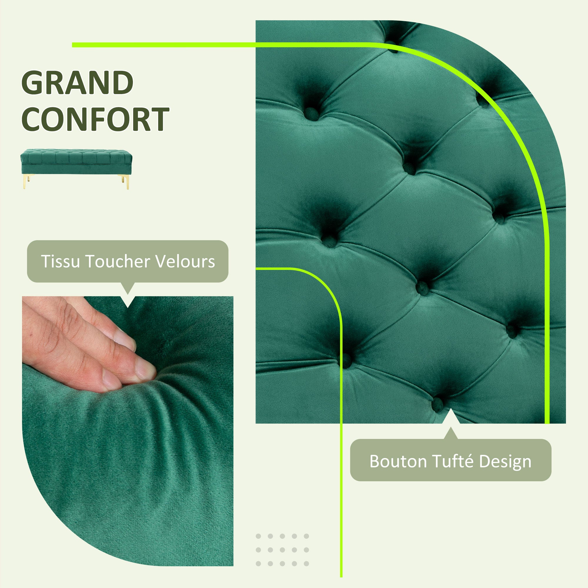 Classic Chic Style Button-Tufted Upholstered End-of-Bed Bench with Golden Metal Legs Velvet Green - 118L x 45W x 42H cm