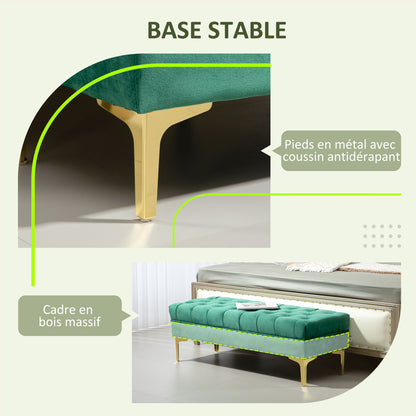 Classic Chic Style Button-Tufted Upholstered End-of-Bed Bench with Golden Metal Legs Velvet Green - 118L x 45W x 42H cm