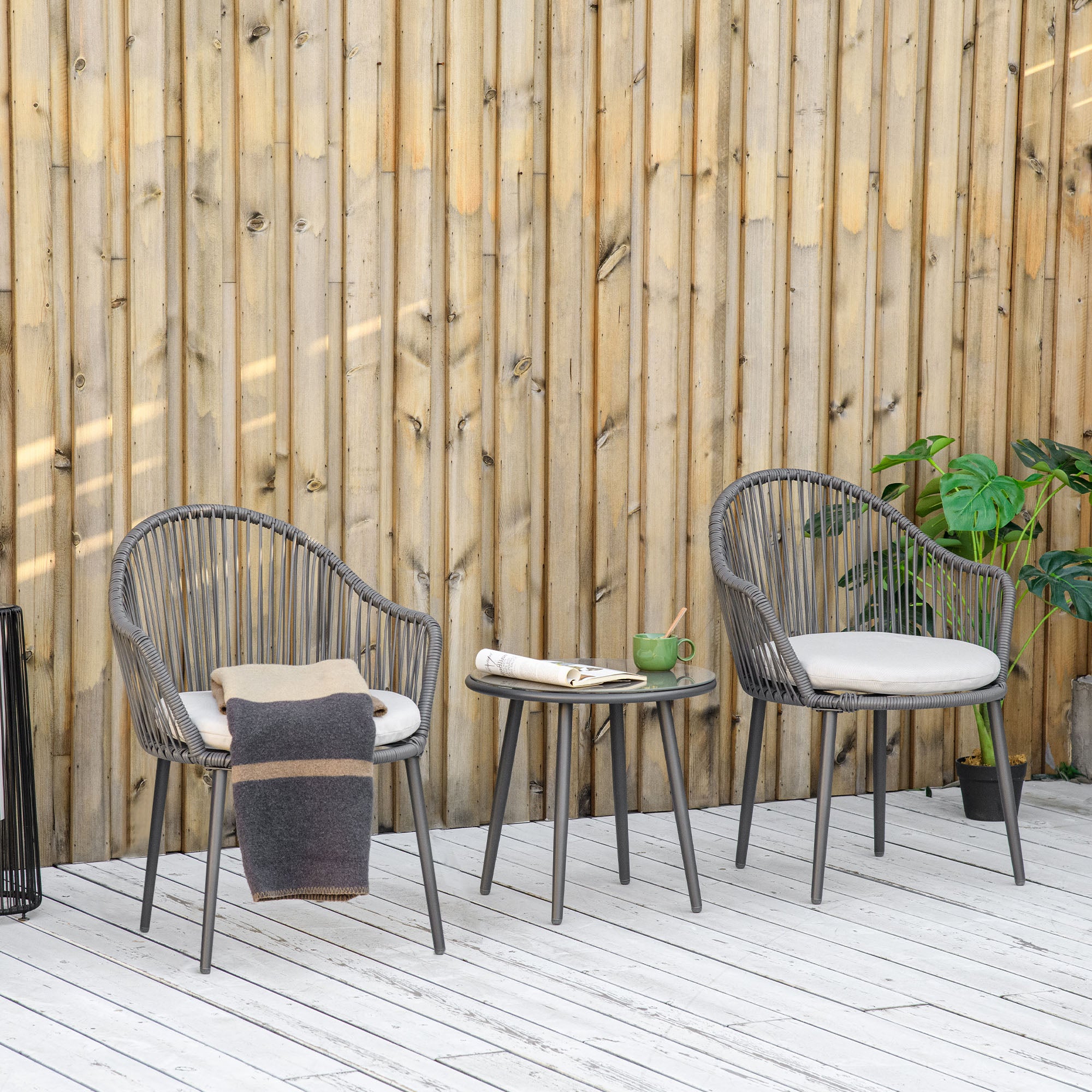 3-Piece Rattan Garden Furniture Set Seating Group, Patio Set with 2 Garden Chairs, Side Table with Tempered Glass Top, Cushions, for Balcony, Terrace, Steel, Dark Gray