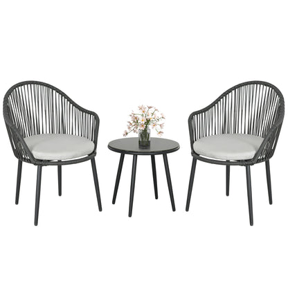 3-Piece Rattan Garden Furniture Set Seating Group, Patio Set with 2 Garden Chairs, Side Table with Tempered Glass Top, Cushions, for Balcony, Terrace, Steel, Dark Gray