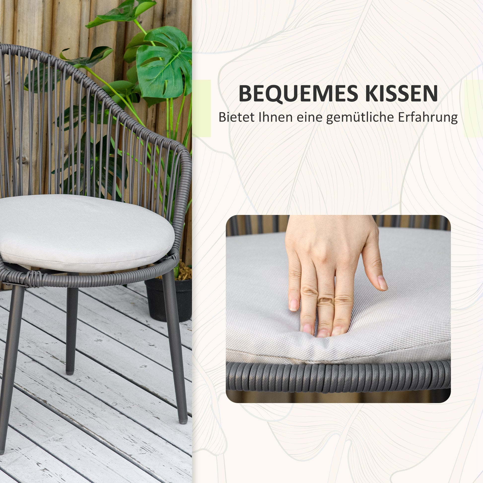 3-Piece Rattan Garden Furniture Set Seating Group, Patio Set with 2 Garden Chairs, Side Table with Tempered Glass Top, Cushions, for Balcony, Terrace, Steel, Dark Gray