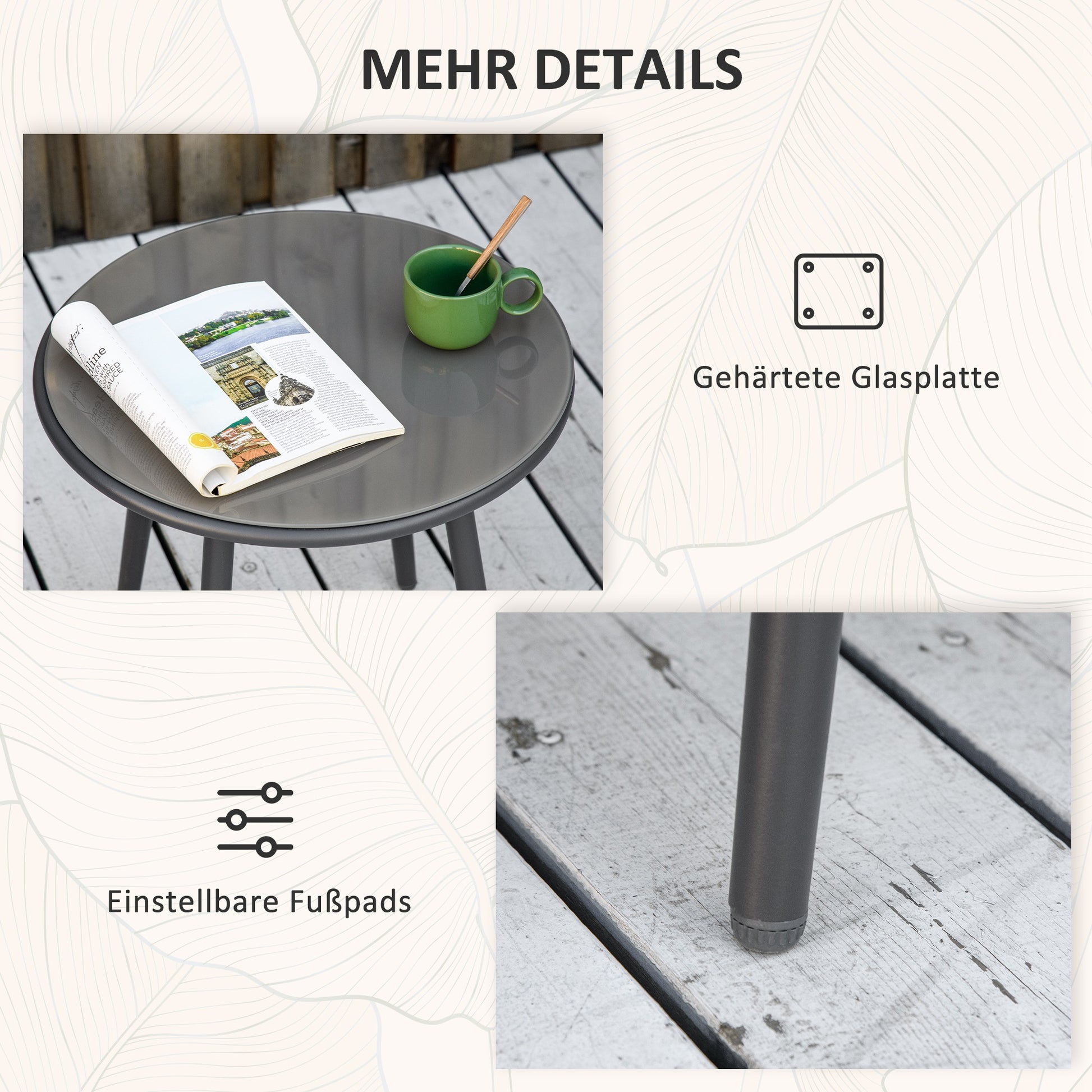 3-Piece Rattan Garden Furniture Set Seating Group, Patio Set with 2 Garden Chairs, Side Table with Tempered Glass Top, Cushions, for Balcony, Terrace, Steel, Dark Gray