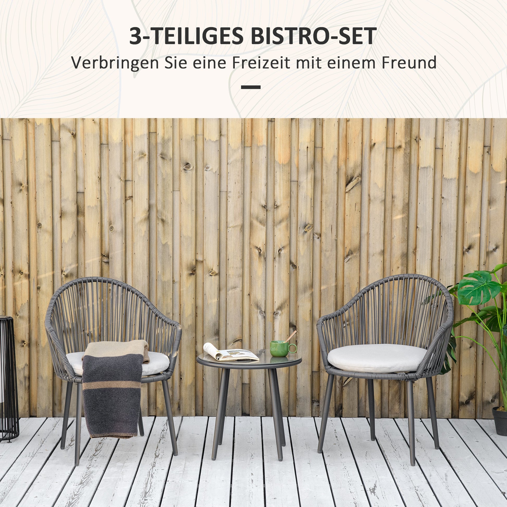 3-Piece Rattan Garden Furniture Set Seating Group, Patio Set with 2 Garden Chairs, Side Table with Tempered Glass Top, Cushions, for Balcony, Terrace, Steel, Dark Gray