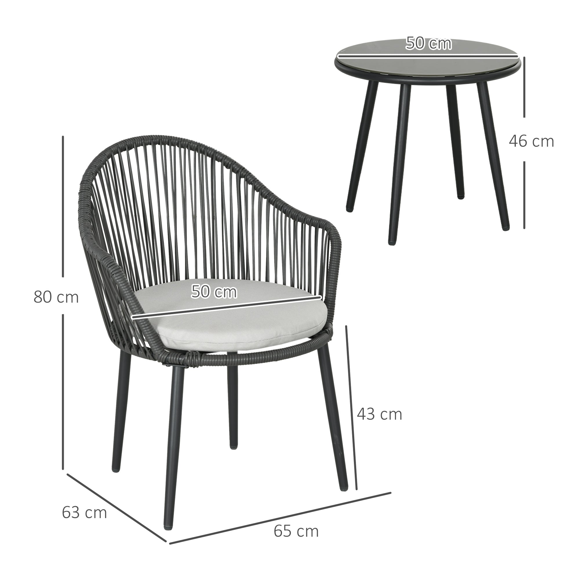 3-Piece Rattan Garden Furniture Set Seating Group, Patio Set with 2 Garden Chairs, Side Table with Tempered Glass Top, Cushions, for Balcony, Terrace, Steel, Dark Gray