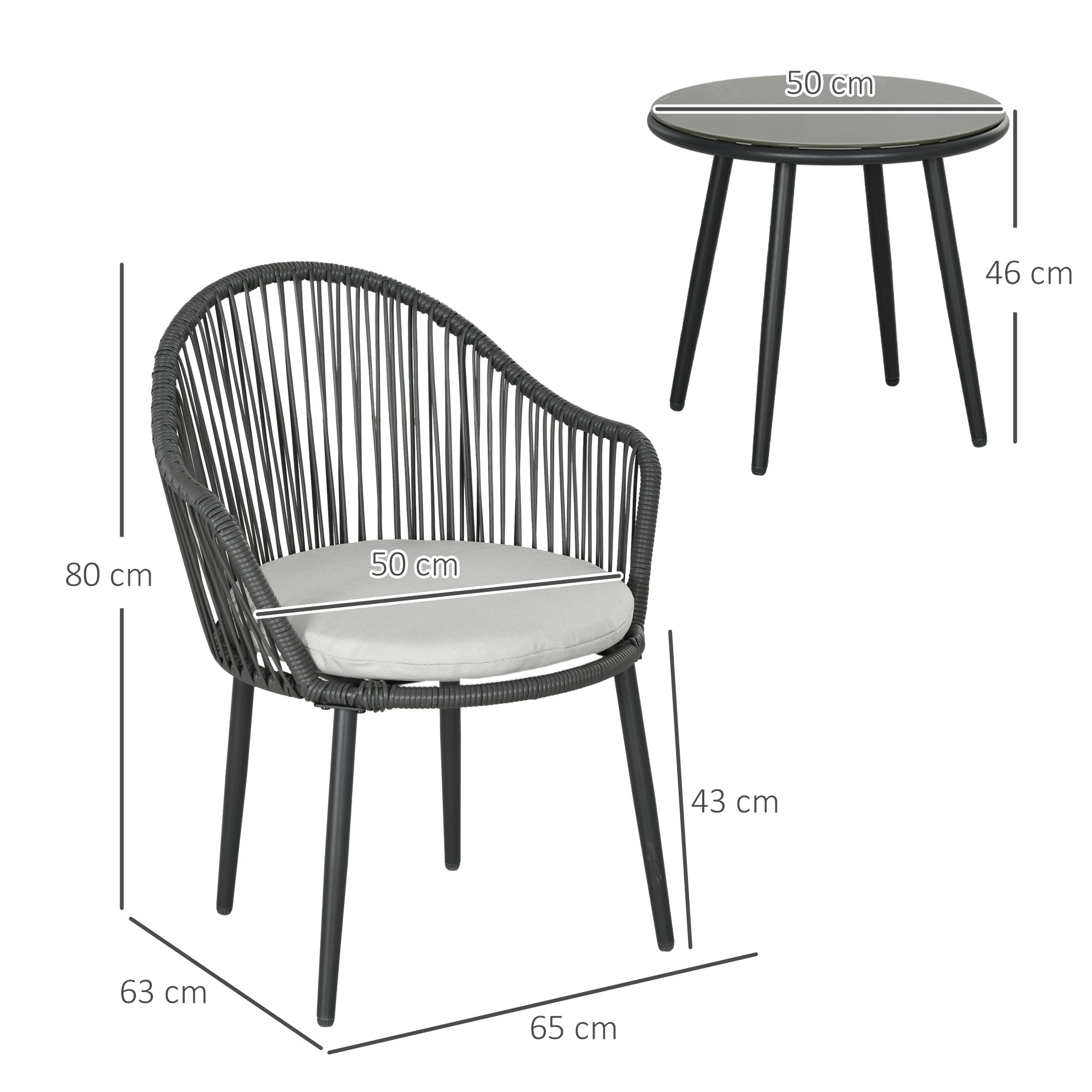 3-Piece Rattan Garden Furniture Set Seating Group, Patio Set with 2 Garden Chairs, Side Table with Tempered Glass Top, Cushions, for Balcony, Terrace, Steel, Dark Gray