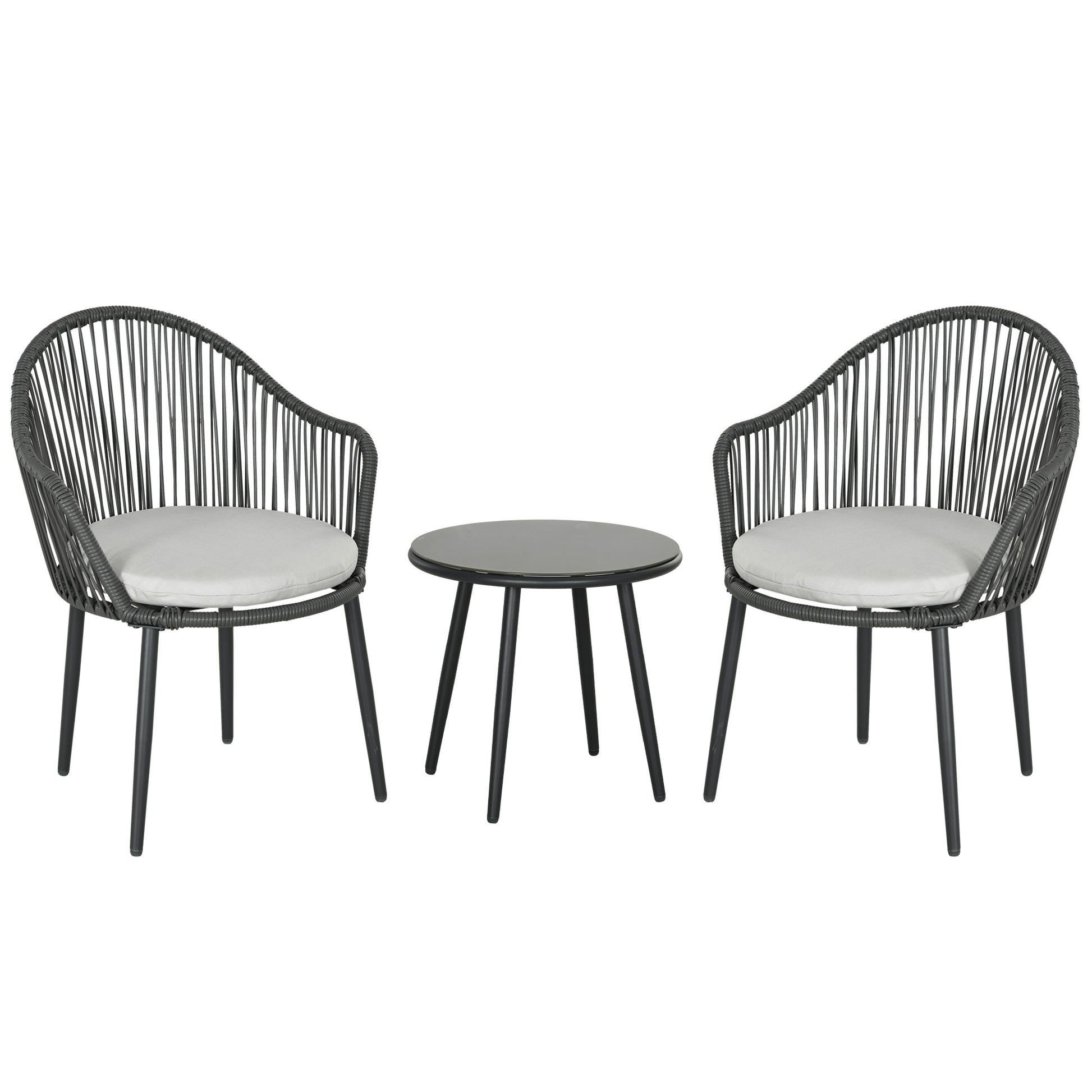3-Piece Rattan Garden Furniture Set Seating Group, Patio Set with 2 Garden Chairs, Side Table with Tempered Glass Top, Cushions, for Balcony, Terrace, Steel, Dark Gray