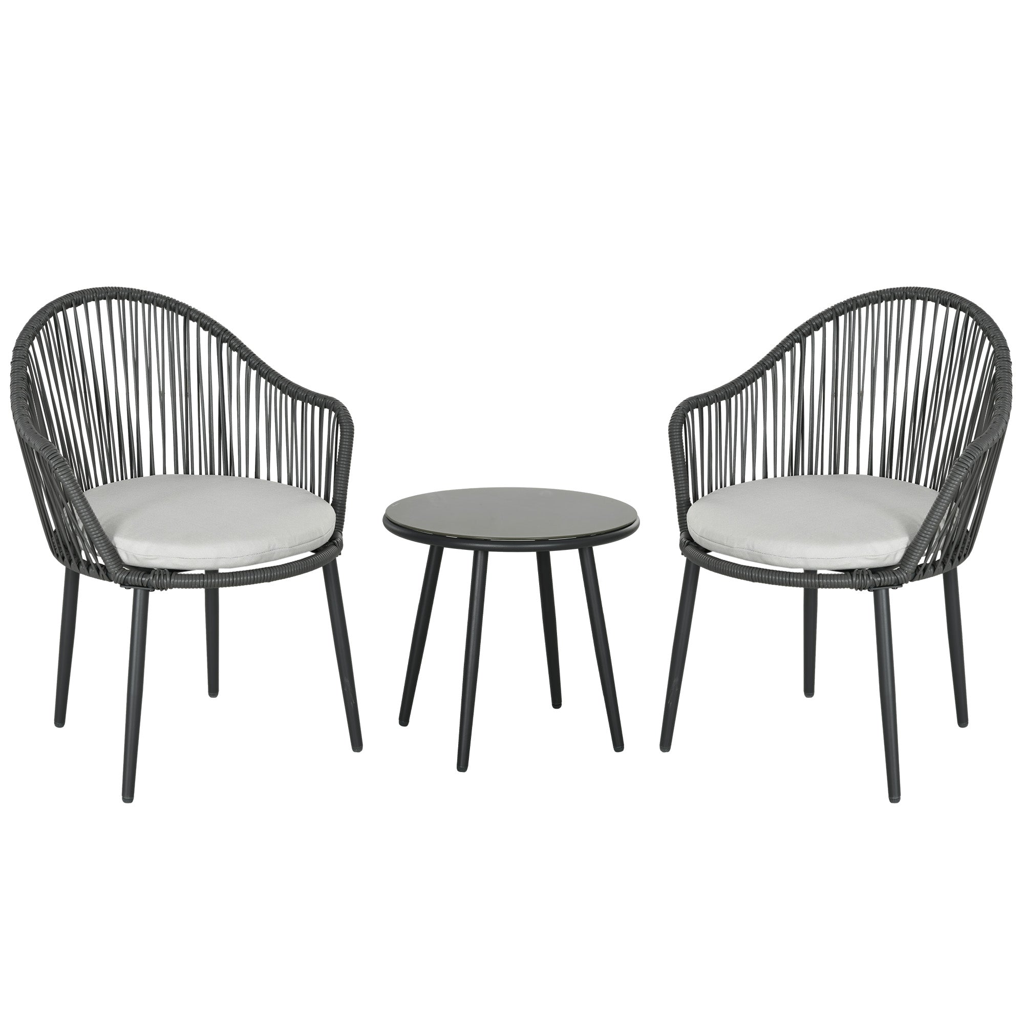 3-Piece Rattan Garden Furniture Set Seating Group, Patio Set with 2 Garden Chairs, Side Table with Tempered Glass Top, Cushions, for Balcony, Terrace, Steel, Dark Gray